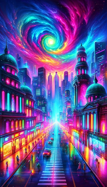 Neon Cybercity met Cosmic Vortex Skyline