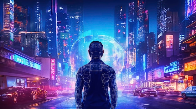 Premium AI Image | Neon cybernetics futuristic city with cybernetic figure