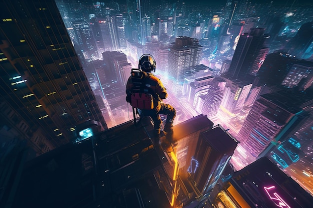 Neon cyberpunk astronaut exploring futuristic city with vibrant lights and advanced buildings