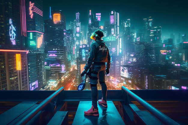 Neon cyberpunk astronaut exploring futuristic city with vibrant lights and advanced buildings