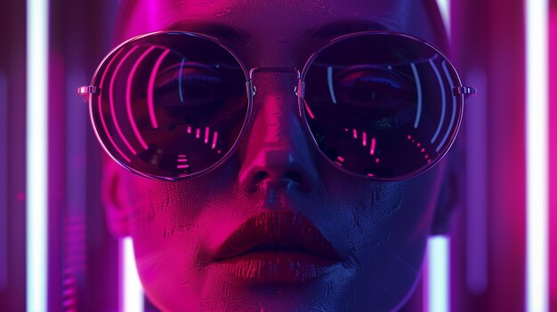 Foto neon cyberpunk chic donna con gli occhiali su uno sfondo futuristico