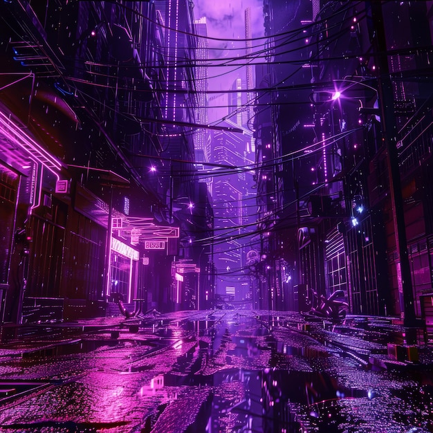 Photo neon cyberpunk city urban future metaverse night purple street texture background copy space