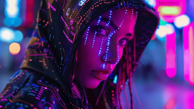 ネオン・サイバーパンク・ファッション (Neon Cyberpunk Fashion) プロフェッショナルな写真はアバンガードの服を着たモデルとフューチャリストのファッショントレンドを展示していますイラストはAIによって生成されています