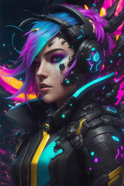 Neon Cyberpunk Goddess Enchanting Fantasy World 및 Overwatch에서 영감을 받은 아트워크