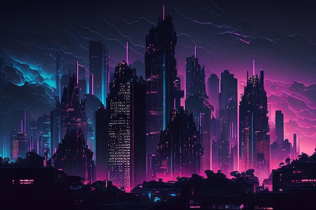 Neon Cyberpunk Stad Stedelijke Toekomstige Metaverse Nacht Paarse Straat Textuur Achtergrond Generatieve AI Illustratie