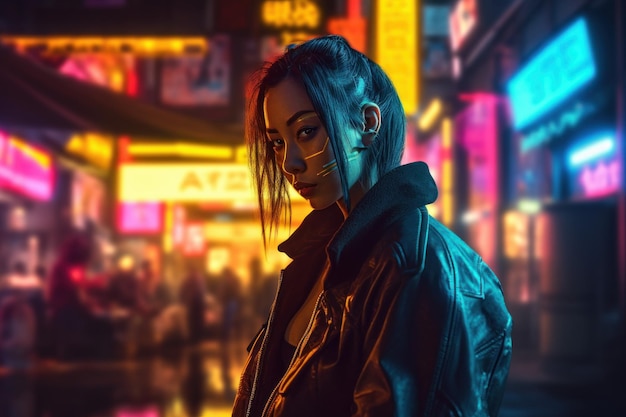 Neon cyberpunk vrouw stad Genereer Ai