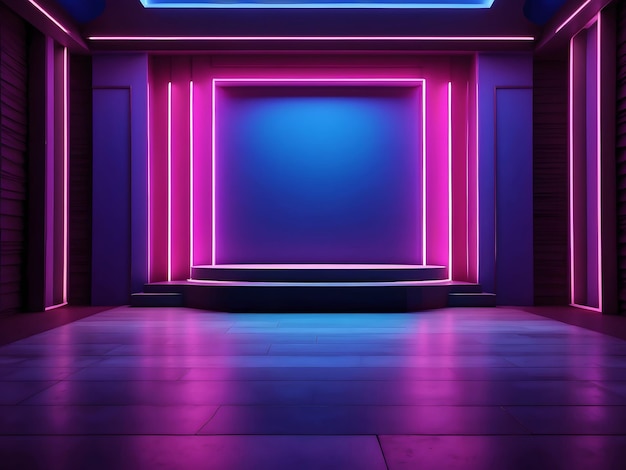 Foto il palco scuro al neon mostra una stanza vuota, luci al neon, proiettori blu scuro, viola rosa sullo sfondo, pista da ballo.