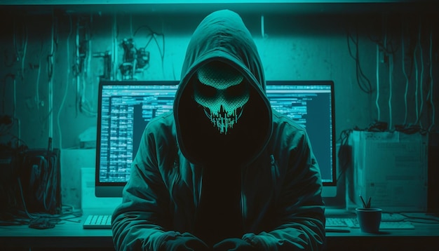 neon dark web hooded hacker cyber Generative AI digital illustration