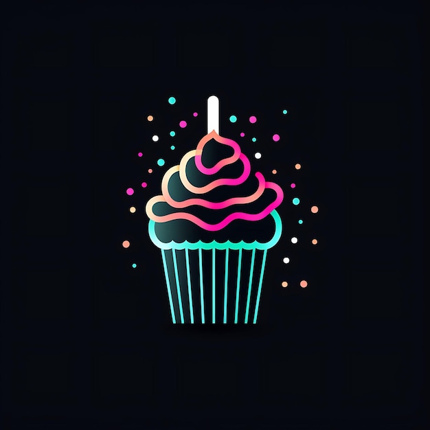 Неоновый дизайн логотипа кекса с конфетти и праздничной шляпой Пастельно-розовый и минимальный клипарт-идея татуировки