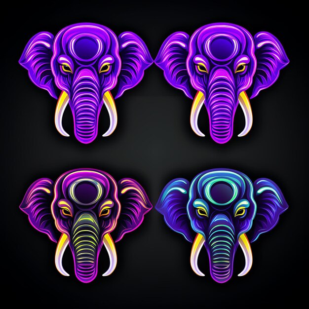 Neon Design of Elephant Face Icon Emoji With Majestic Surprised Sleepy and Clipart Sticker Set