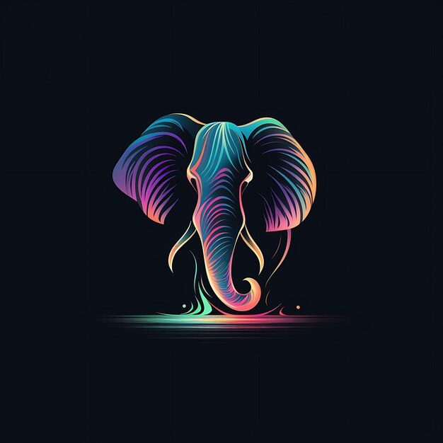 Неоновый дизайн логотипа слона, изящного с хоботом и цветком лотоса. Абстрактная идея для клипарта.