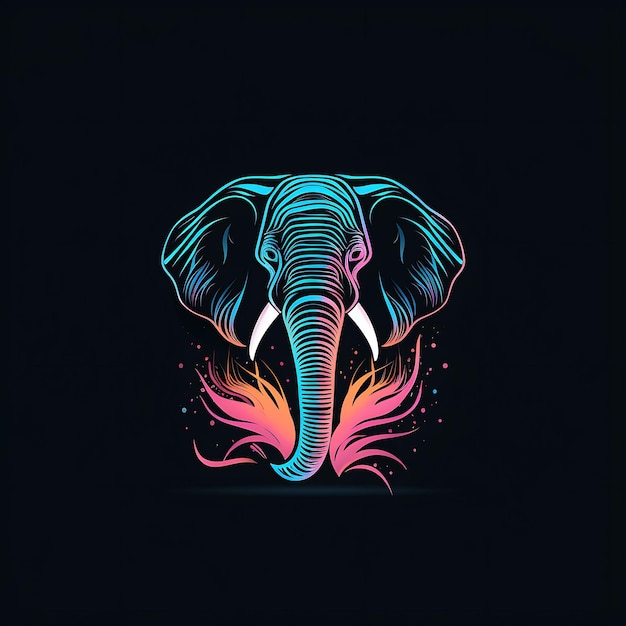 Neon Design of Elephant Logo Graceful With Trunk and Lotus Flower Abstract Clipart Idea Tattoo