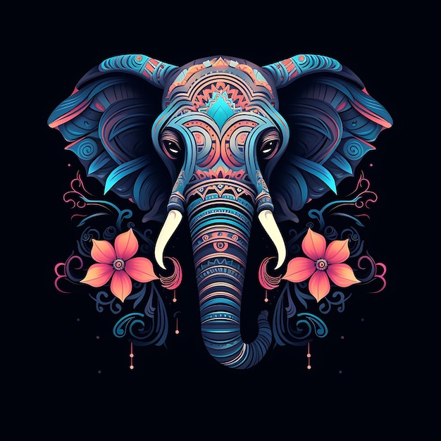 Neon Design of Elephant Logo Majestic With Lotus Flower and Mandala Abstrac Clipart Idea Tattoo