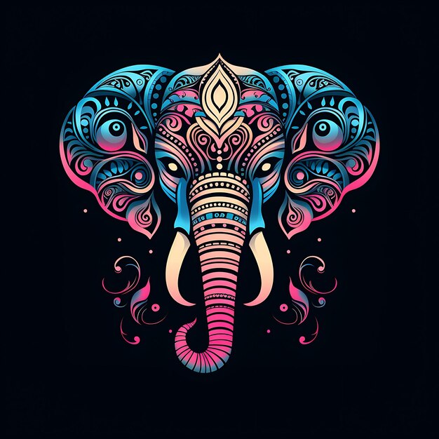 Neon Design of Elephant Logo Majestic With Lotus Flower and Mandala Abstrac Clipart Idea Tattoo