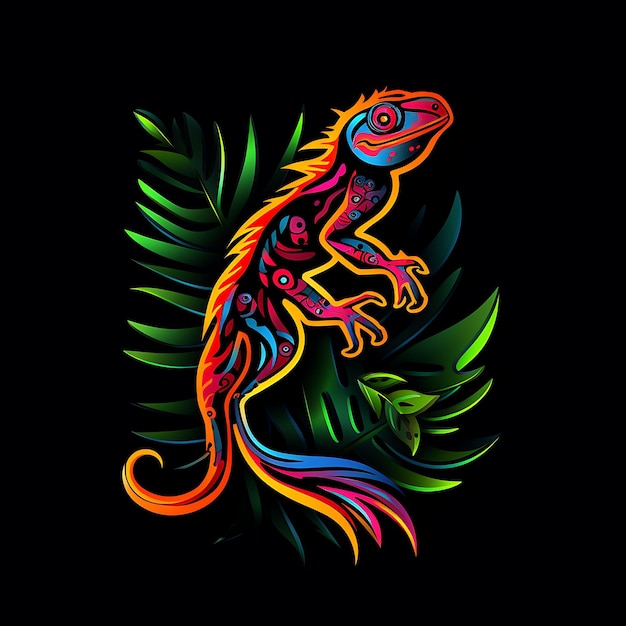 Neon Design of Gecko Logo Vibrant With Climbing Pose and Tropical Leaves Ex Clipart Idea Tattoo