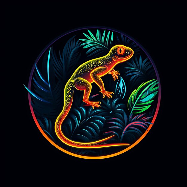 Neon Design of Gecko Logo Vibrant With Climbing Pose and Tropical Leaves Ex Clipart Idea Tattoo