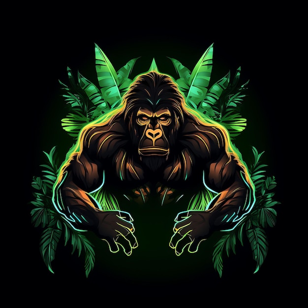 Design al neon del logo gorilla potente con braccia forti e fogliame della giungla tr clipart idea tattoo