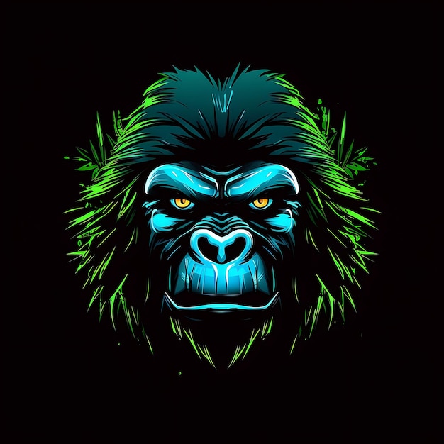 Неоновый дизайн логотипа гориллы, сильный с листвой джунглей, абстрактные формы, идея татуировки в виде уха