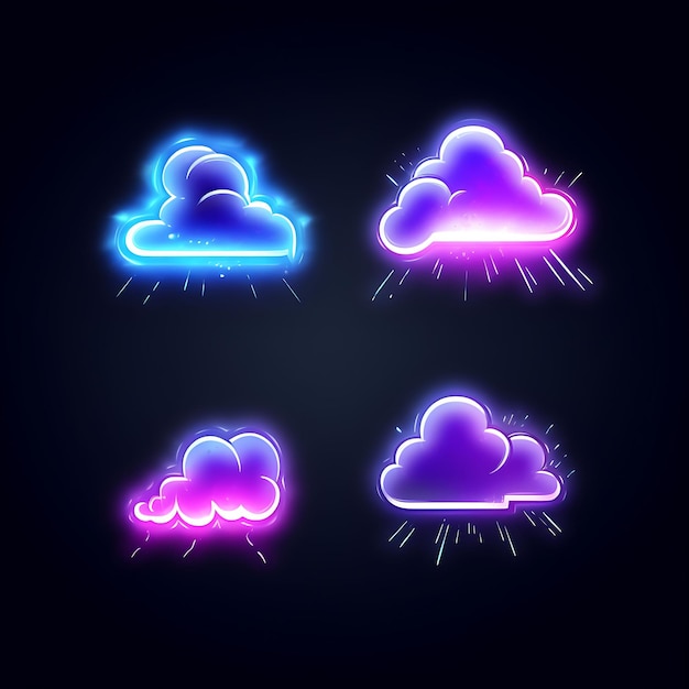 嵐の電撃とパワークリップアートステッカーセットを備えた雷雲アイコン絵文字のネオンデザイン
