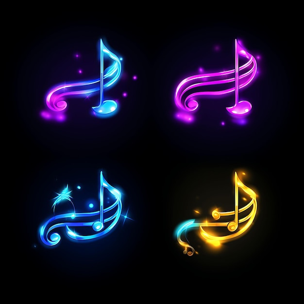 Неоновый дизайн иконки музыкальной ноты Emoji с набором наклеек мелодичного, гармоничного и ритмичного клипарта