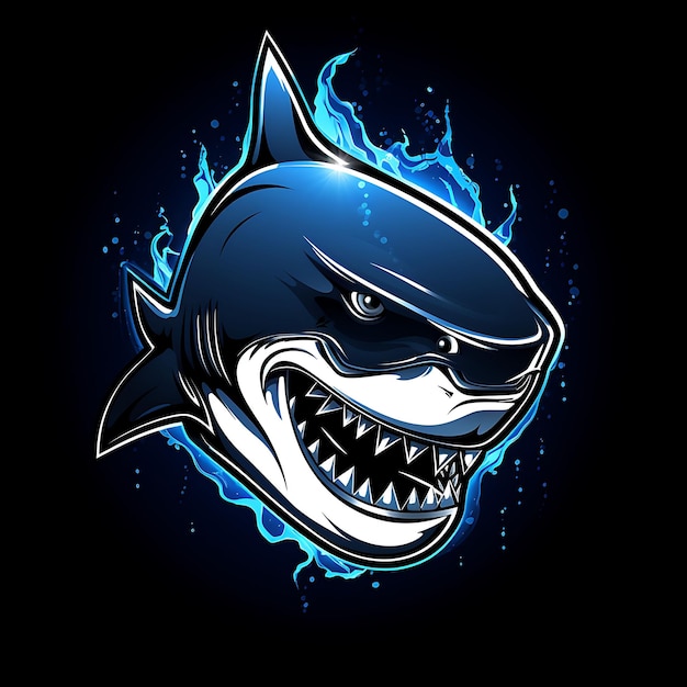 Фото Неоновый дизайн логотипа акулы, свирепый с острыми зубами и брызгами воды. идея татуировки abstra clipart