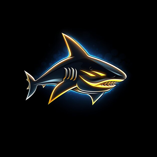 波とひれの鋭い線を持つ激しいサメのロゴのネオン デザイン深い青のクリップアートのアイデア タトゥー