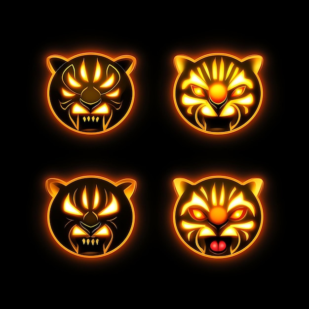 Photo neon design of tiger face icon emoji with fierce playful surprised and slee clipart sticker set