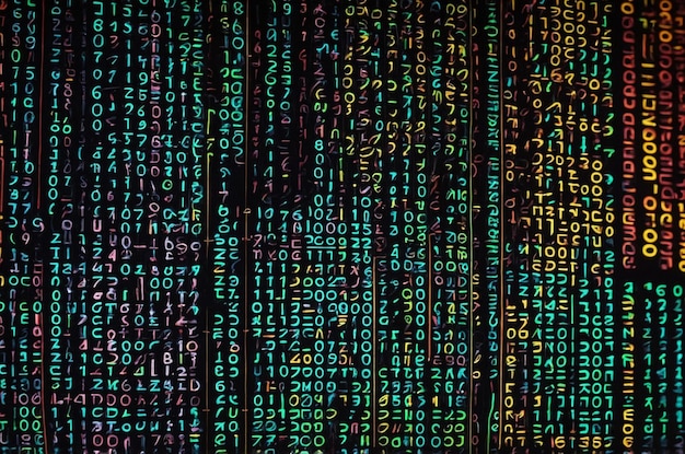 neon digital programming code over black matrix