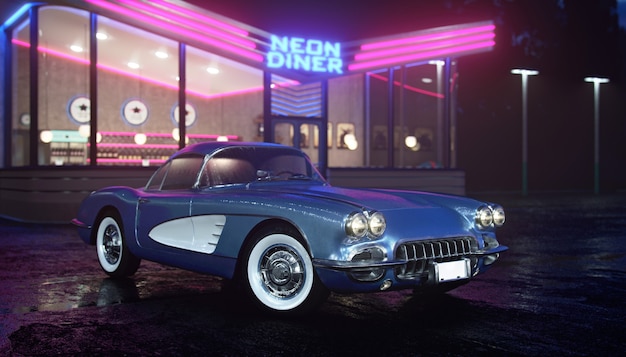 Neon diner and retro car late at night. Fog, rain and colour reflections on asphalt. 3d illustration