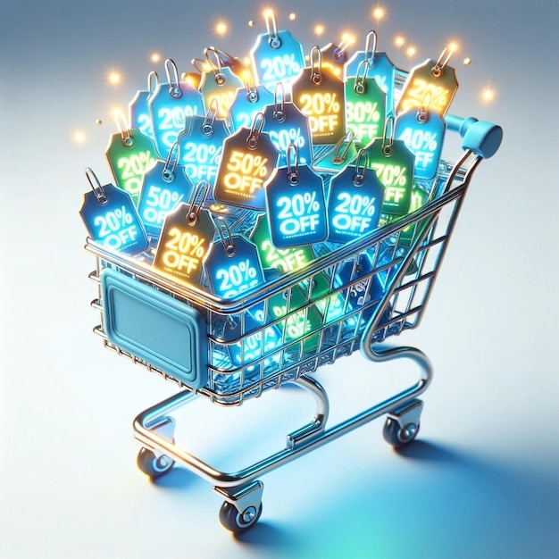 Neon Discounts Overflowing Shopping Cart with Luminous Sale Tags