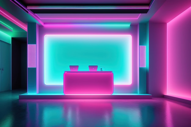 A neon display with two computers on it.