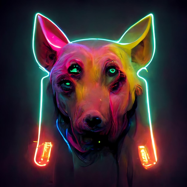 A neon dog with a headband is shown.