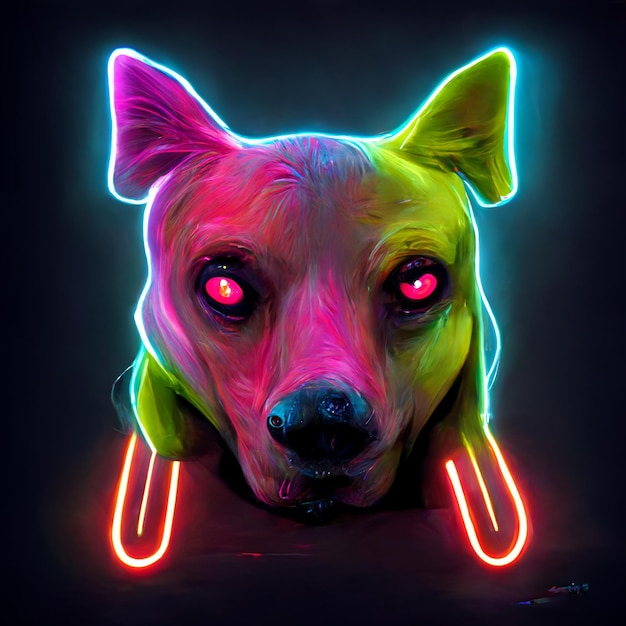 A neon dog with a pink eye is on a black background.