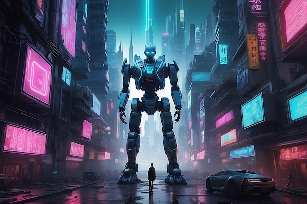 Neon Dominance A Dystopian Glimpse into a Robotic World Where Artificial Intelligence Shapes the Endless Cityscape