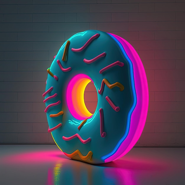 Neon donut on colorful background Doughnut day concept AI