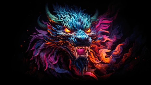 Neon dragon head on a black background