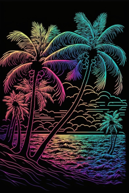 Neon drawing of two palm trees on the beach generative ai