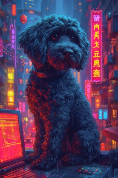 Neon Dreams Cyber Cockapoo Contemplation