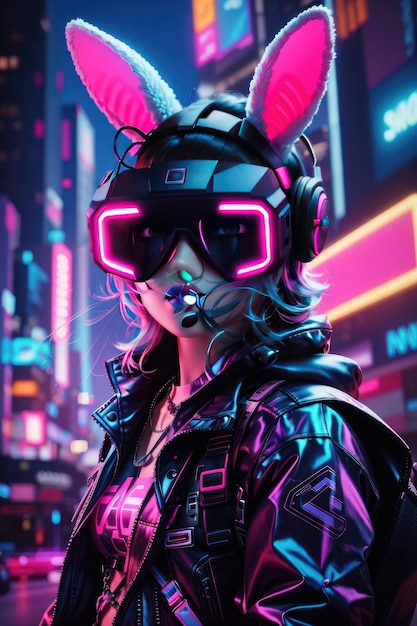 Neon Dreamscape Het spannende avontuur van het Cyberpunk-konijntje in een futuristisch stadsgezicht