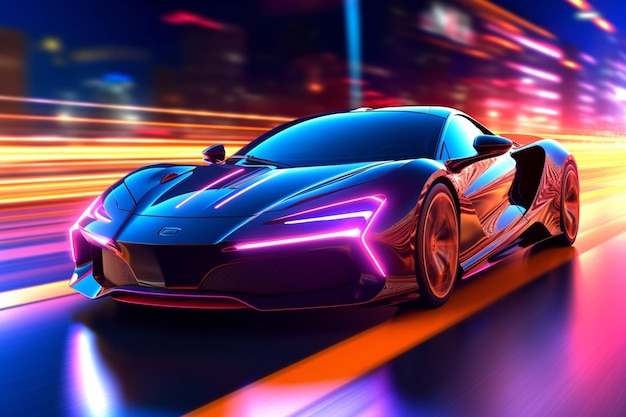 Neon dreamscape Supercar showcases power and speed on vibrant highway