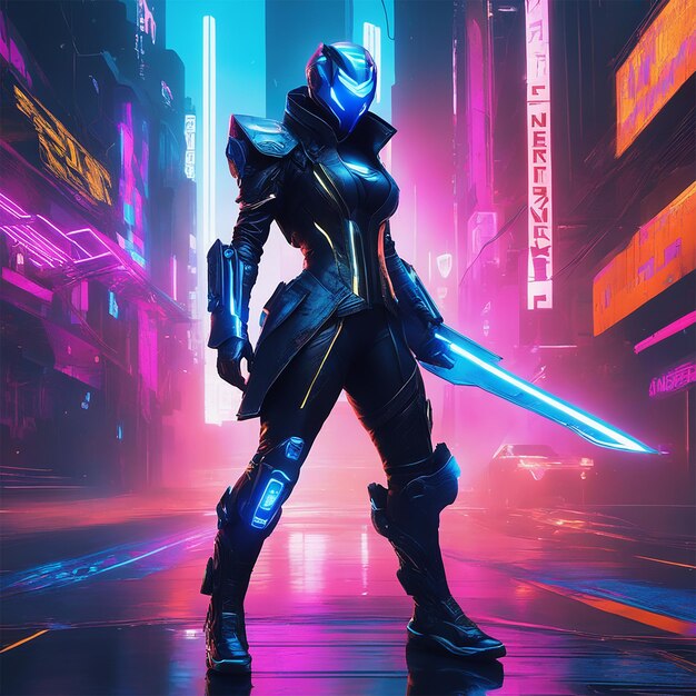 In a neon drenched cyberpunk cityscape imagine a rogue women morphed into a humanoid form metallic