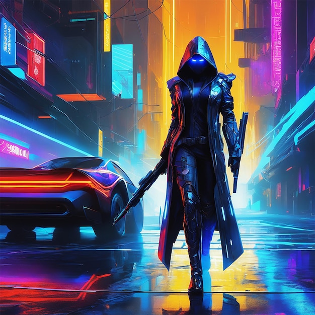 In a neon drenched cyberpunk cityscape imagine a rogue women morphed into a humanoid form metallic