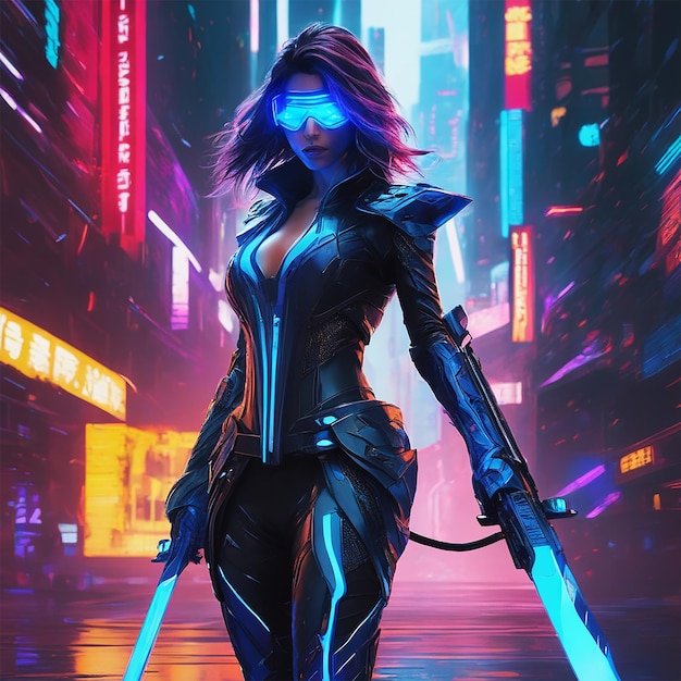 In a neon drenched cyberpunk cityscape imagine a rogue women morphed into a humanoid form metallic