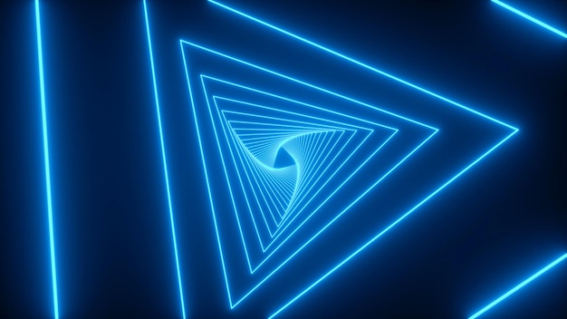 Neon driehoekige lijnen die een tunnel creëren in een futuristische 3D-weergave