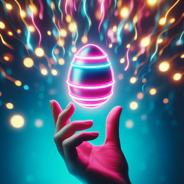 Foto un uovo di pasqua al neon tenuto o lanciato in aria