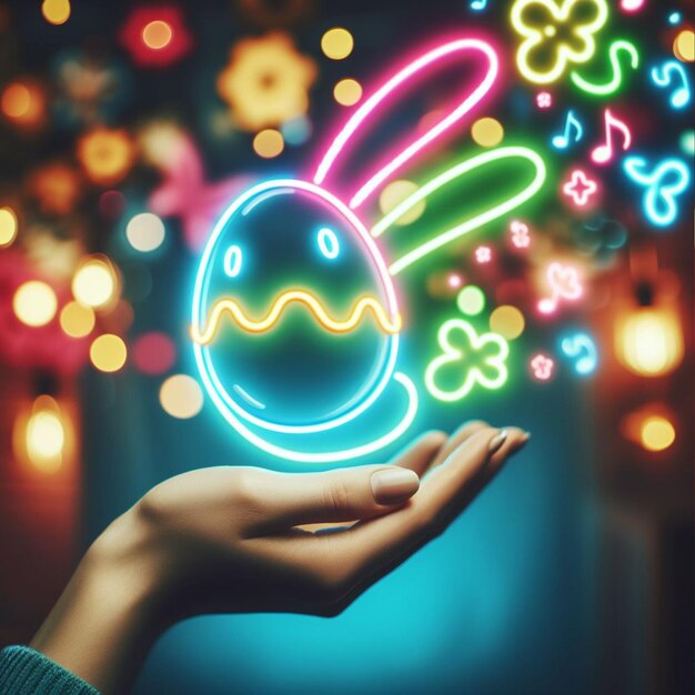 A neon Easter egg being held or tossed in the air