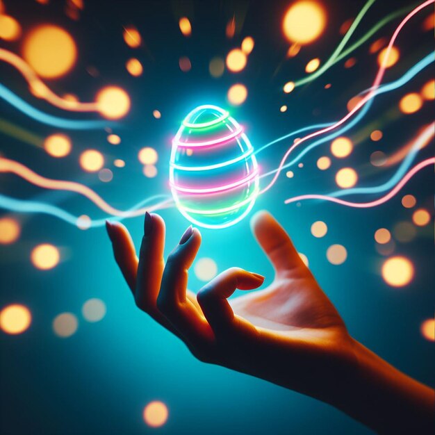 Foto un uovo di pasqua al neon tenuto o lanciato in aria