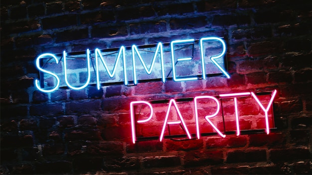 Фото Неоновый эффект текста summer party на кирпичной стене