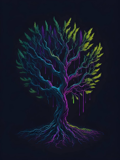 Neon electric big tree on the black background