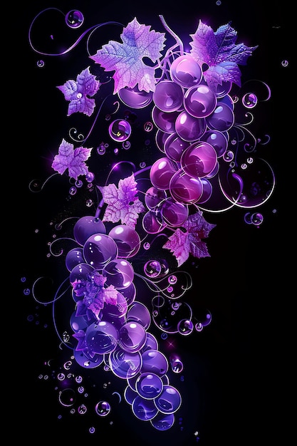 ネオン電気紫のブドウソーダ 巻く泡とブドウ C Y2K コラージュの輝きの概要デザイン